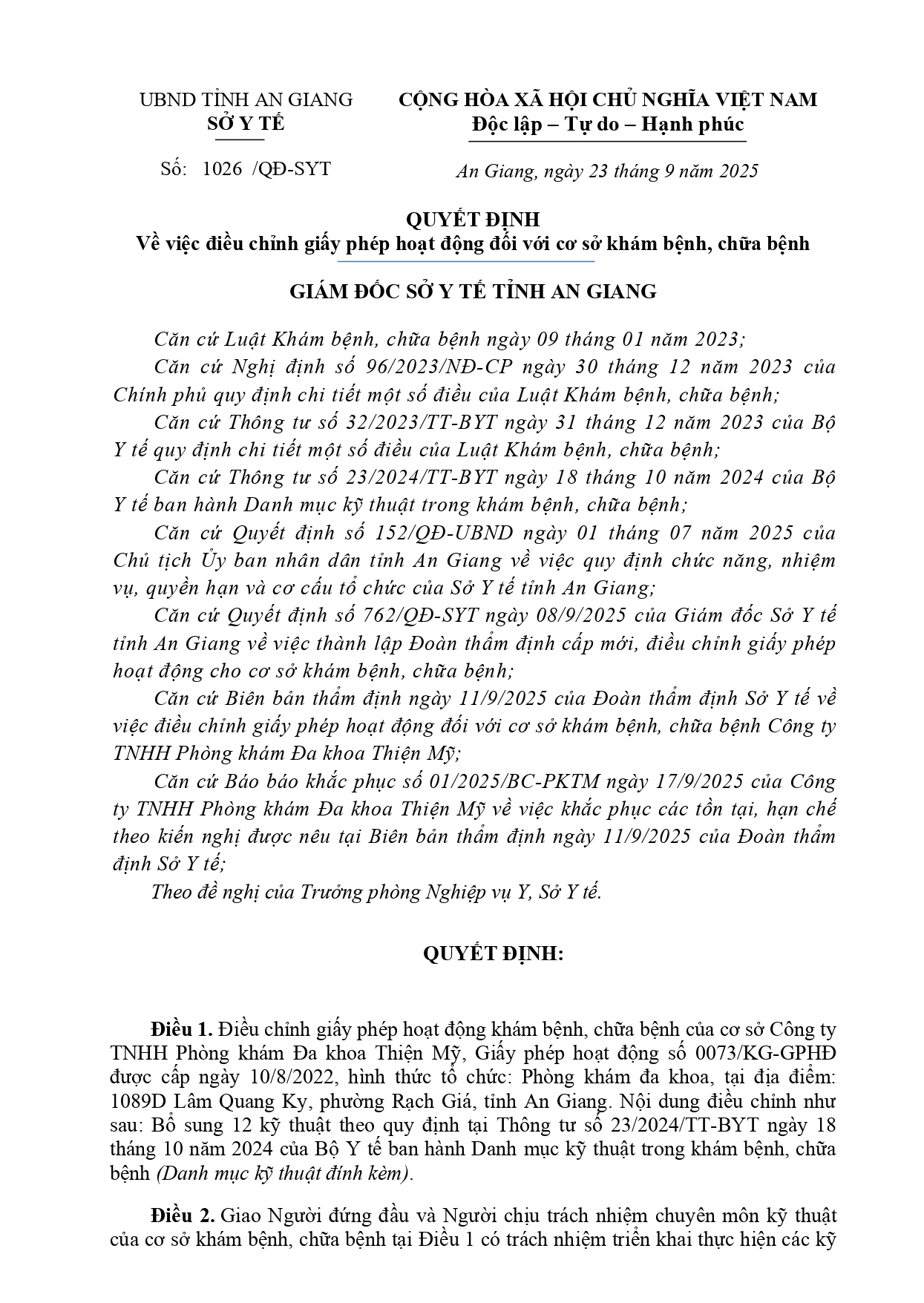 QUYẾT ĐỊNH VỀ VIỆC ĐIỀU CHỈNH GIẤY PHÉP HOẠT ĐỘNG ĐỐI VỚI CƠ CỞ KHÁM CHỮA BỆNH